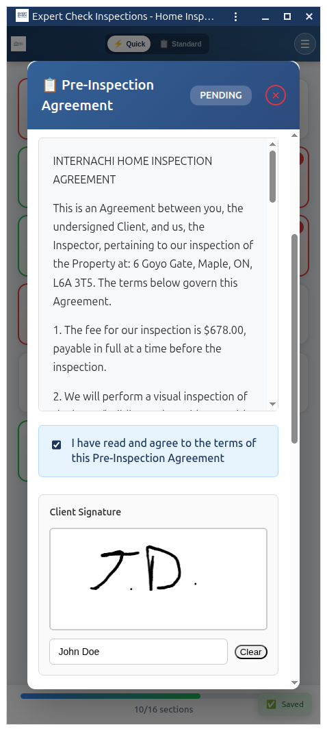 Digital signature capture inside inspection agreement for client approval