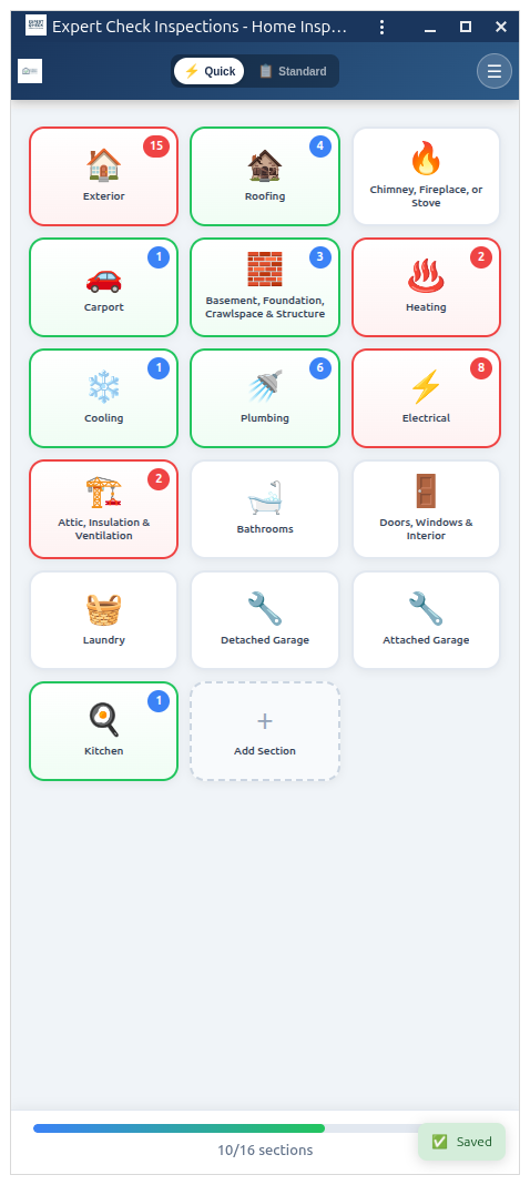 Quick view mobile report editor showing inspection section overview and navigation
