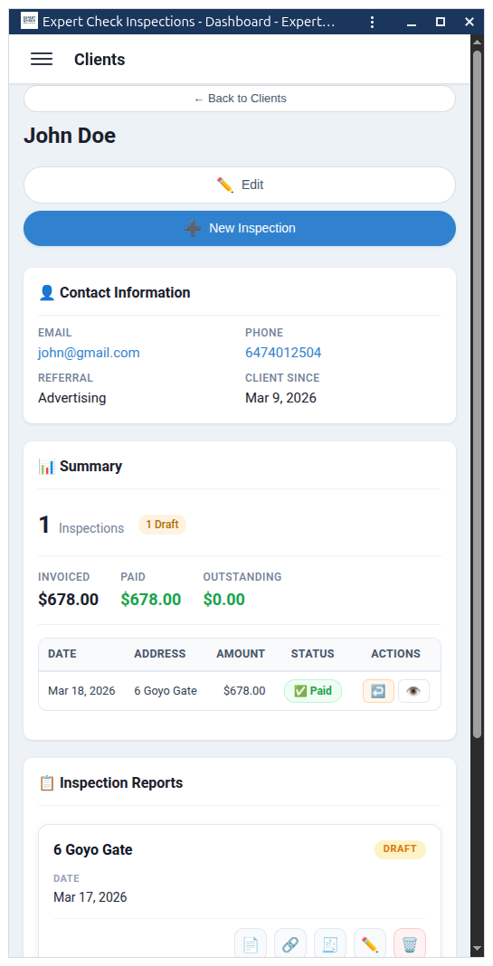 Client portal dashboard showing shared inspection reports and document access