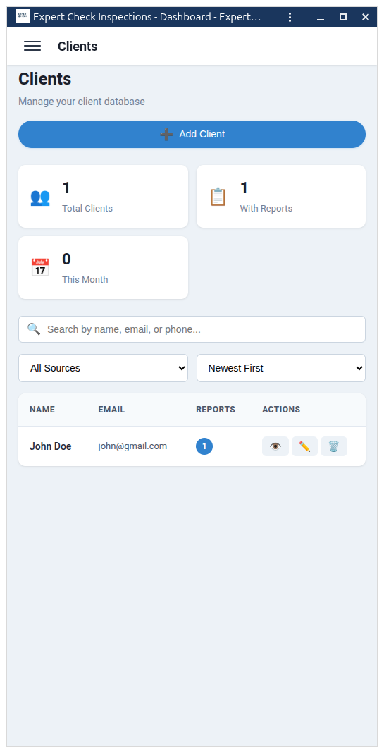 Client portal list view with all inspection reports and status indicators