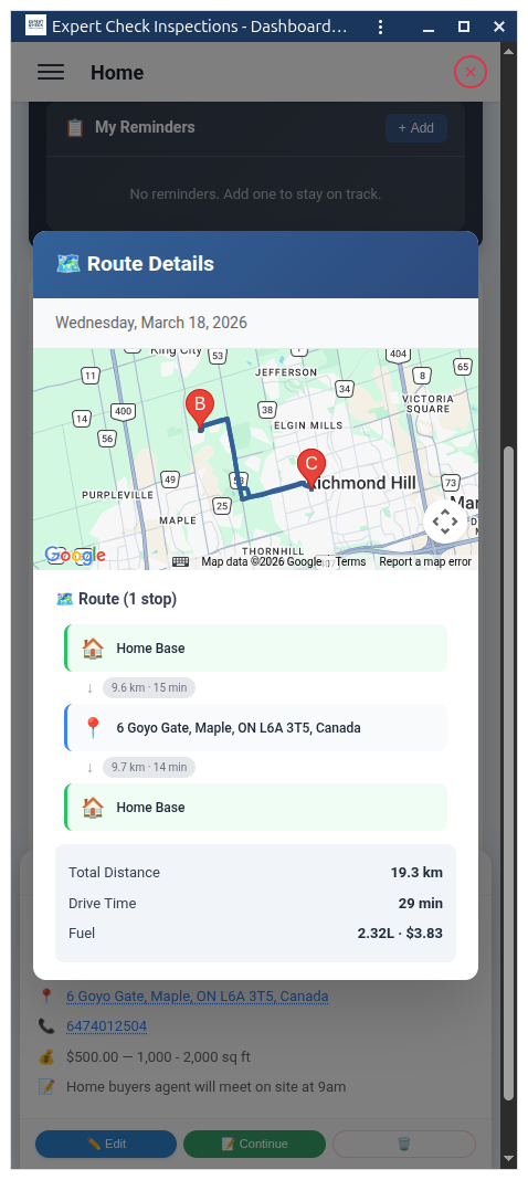 Route planning and gas expense calculator for inspection travel costs