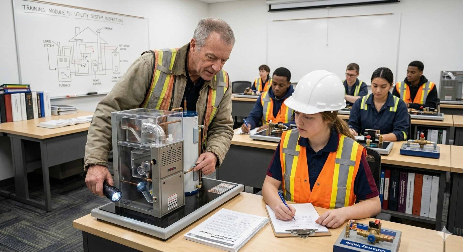 Home inspection students learning in a classroom training program